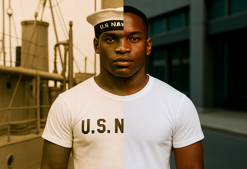Split image of a U.S. Navy sailor and a modern man wearing a white T-shirt, showing the military origins of the tee.