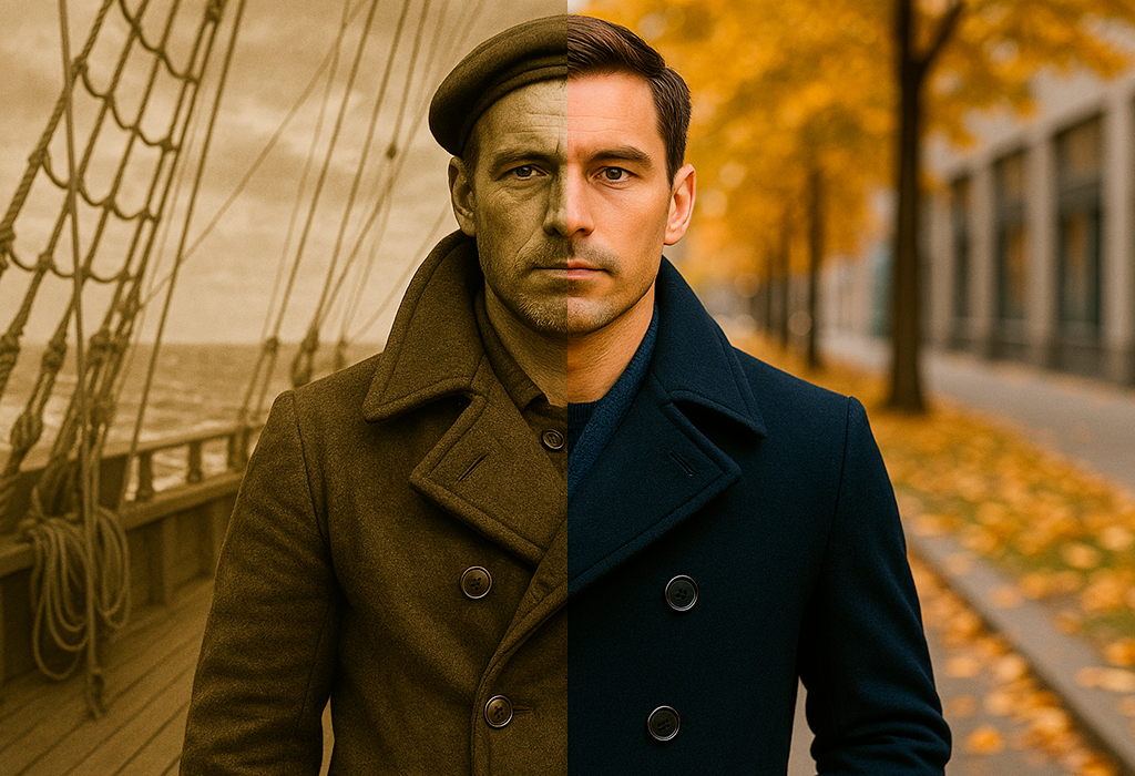 Split image of a historic naval sailor and a modern man in a pea coat, tracing the style back to 18th-century European navies