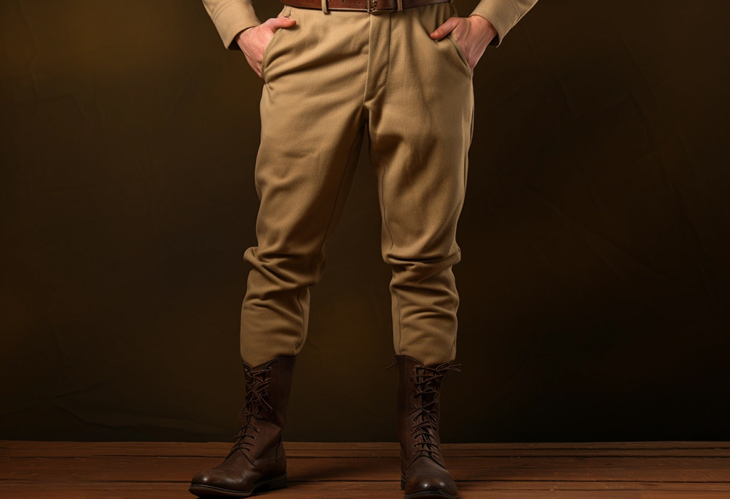 Vintage military-style khaki trousers tucked into lace-up leather boots, showing the origins of modern chinos