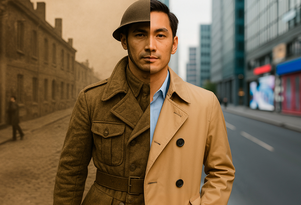 Split image of a World War I soldier and a modern man in a trench coat, revealing its battlefield roots