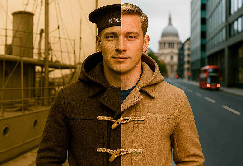 Split image of WWII sailor and modern man in a duffel coat, showing its naval legacy