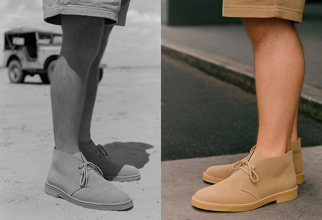 Side-by-side image of desert boots worn in WWII and today, highlighting timeless military style