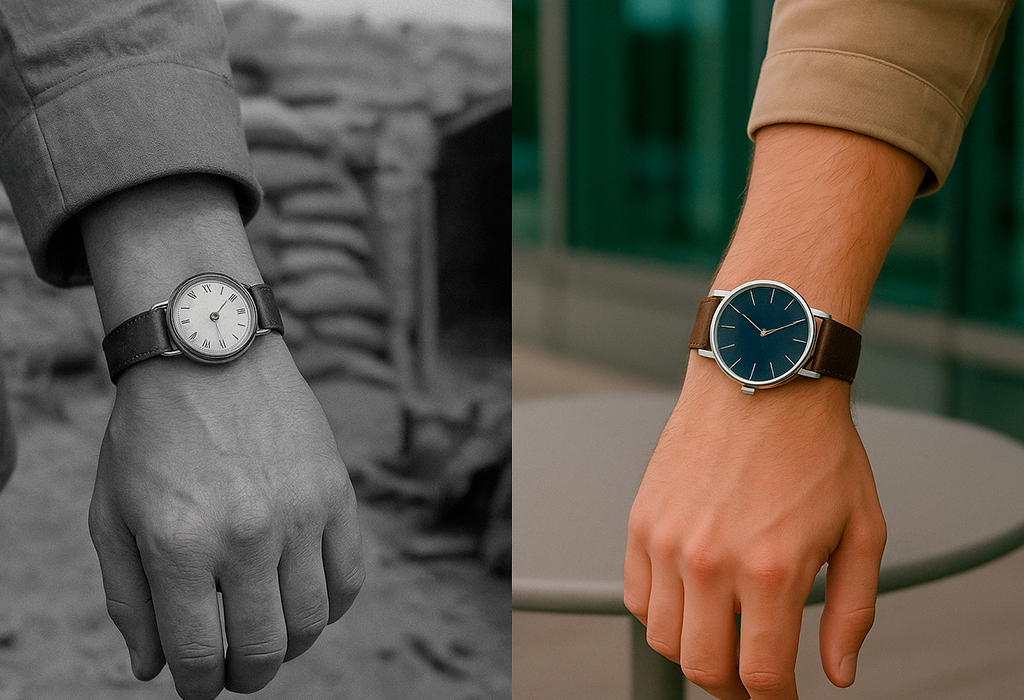 Side-by-side image of vintage and modern wristwatches, showing their military origins