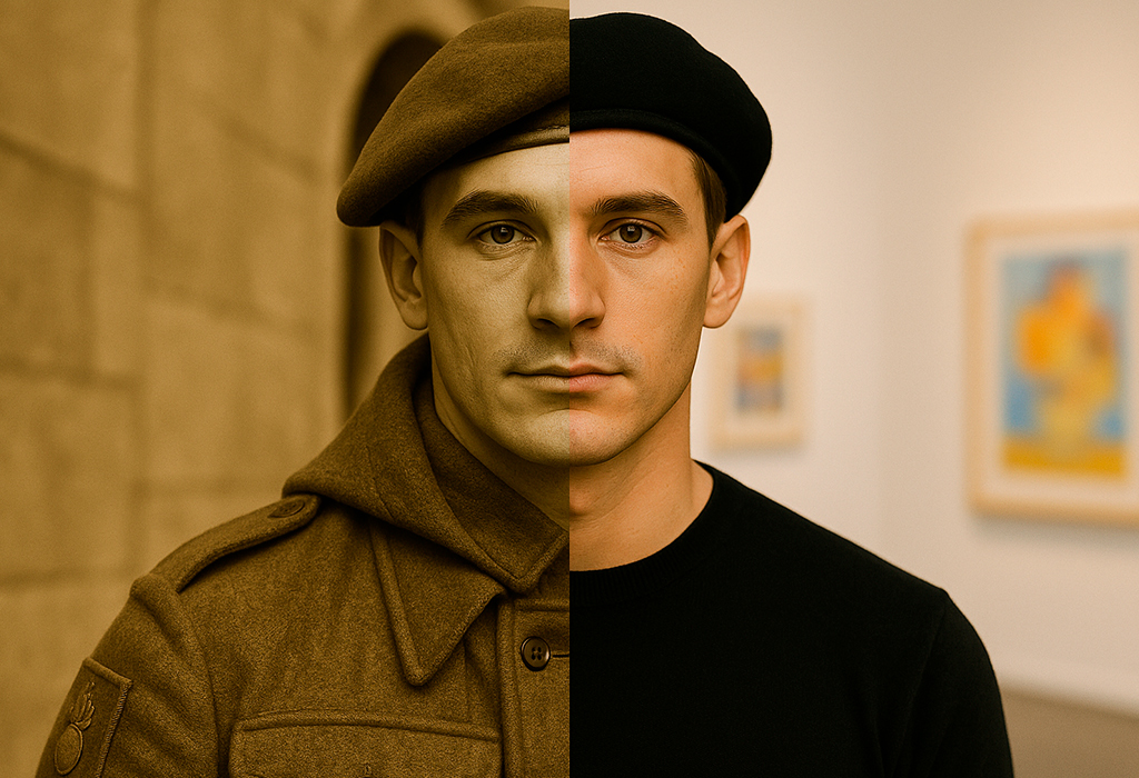 Split image of military officer and modern man in a beret, tracing its army origins