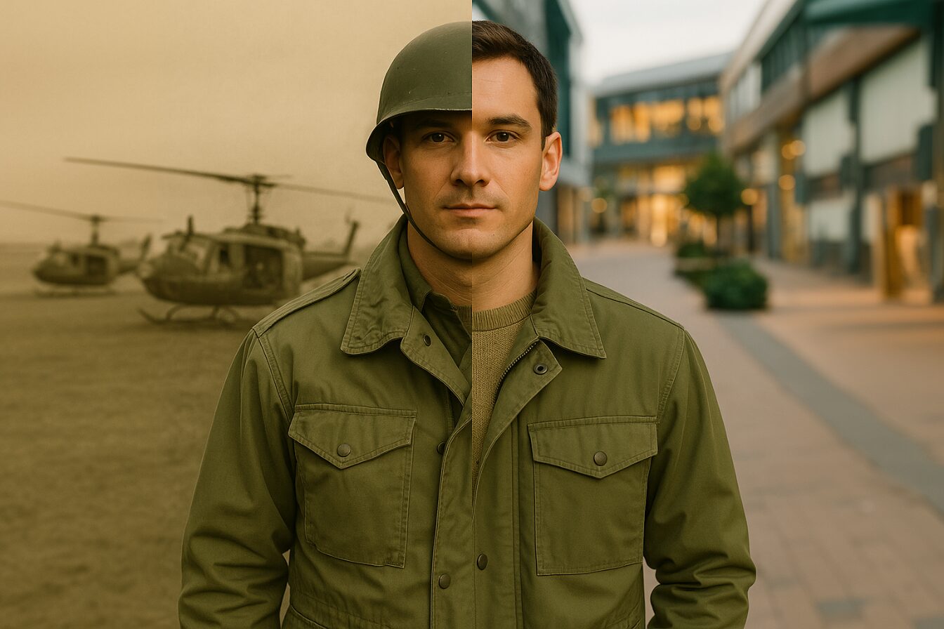 Split image of Vietnam-era soldier and modern man in a field jacket, showing its military roots