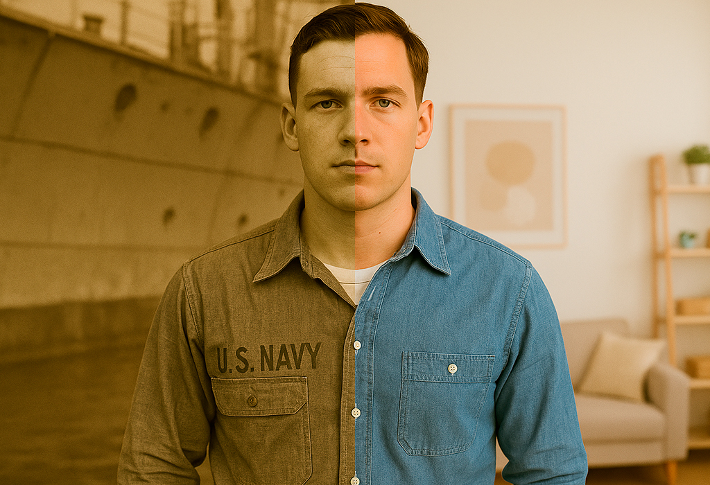 Split image of a WWII Navy sailor and a modern man in a chambray shirt, tracing its workwear legacy