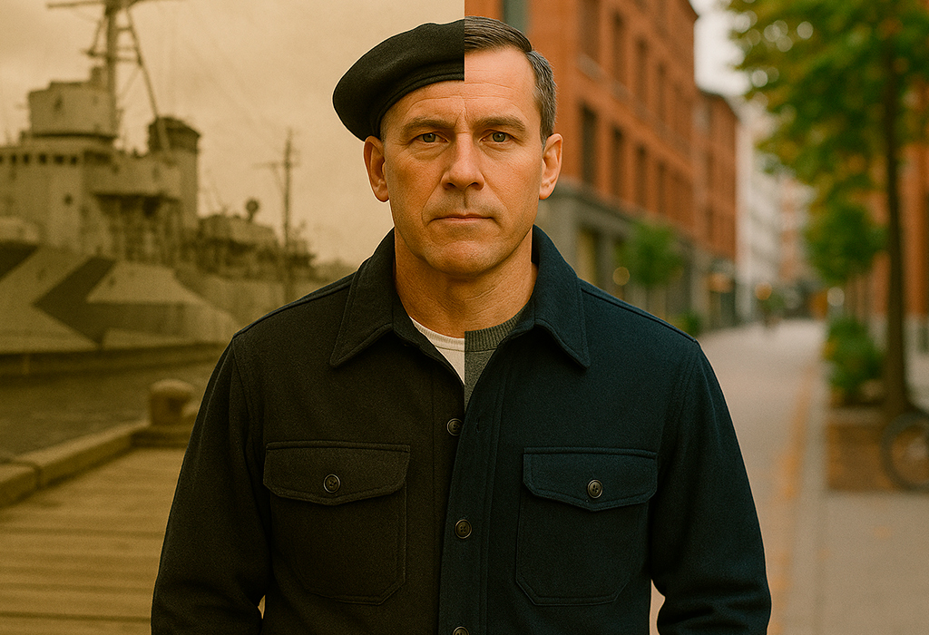 Split image of a naval chief petty officer and a modern man in a CPO jacket, highlighting its seafaring roots