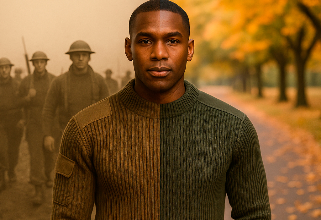 Split image of a WWI soldier and modern man wearing a commando sweater, revealing its battlefield origins.