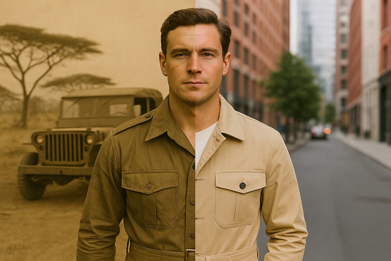 Split image of a WWII-era soldier and a modern man in a safari jacket, showing its military-to-casual evolution.