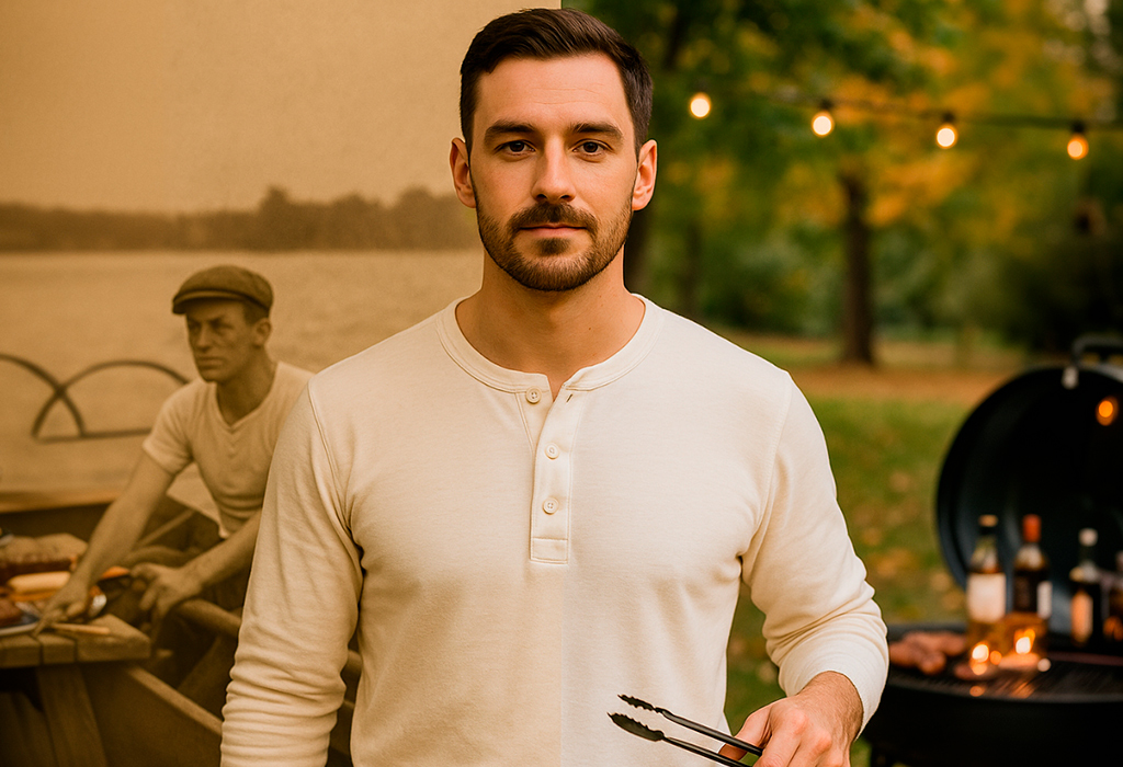 Split image of a vintage rower and a modern man grilling in a henley, linking utility to leisurewear