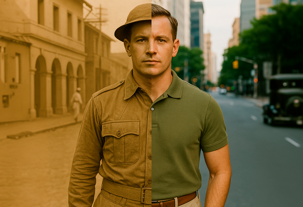 Split image of a colonial-era soldier and modern man in a polo, showing the khaki shirt’s military roots