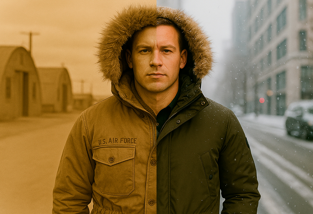 Split image of a U.S. Air Force airman and modern man in a fur-hood parka, showing cold-weather combat origins