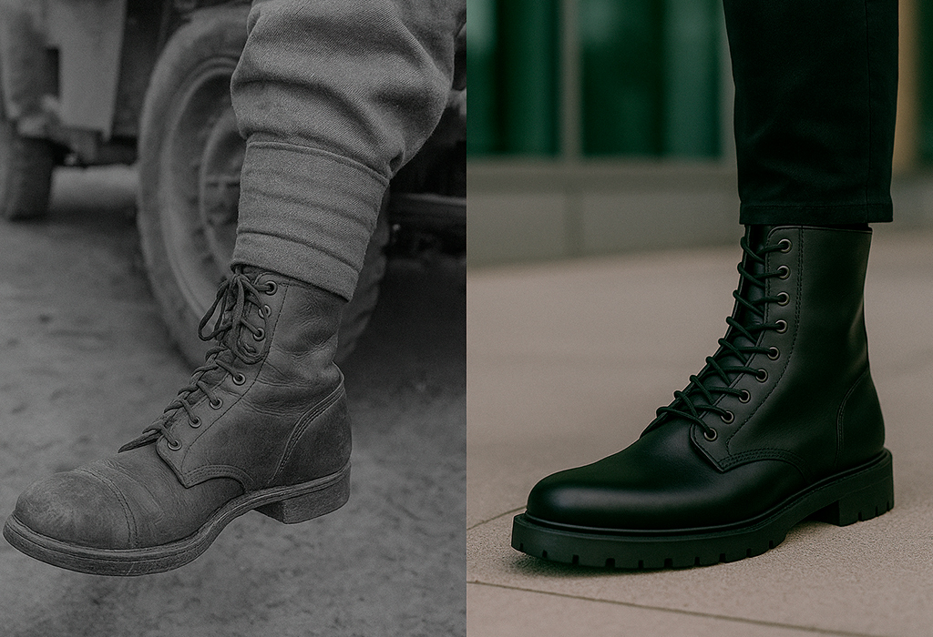 Side-by-side image of WWII service boots and modern combat-style boots, showing their battlefield heritage