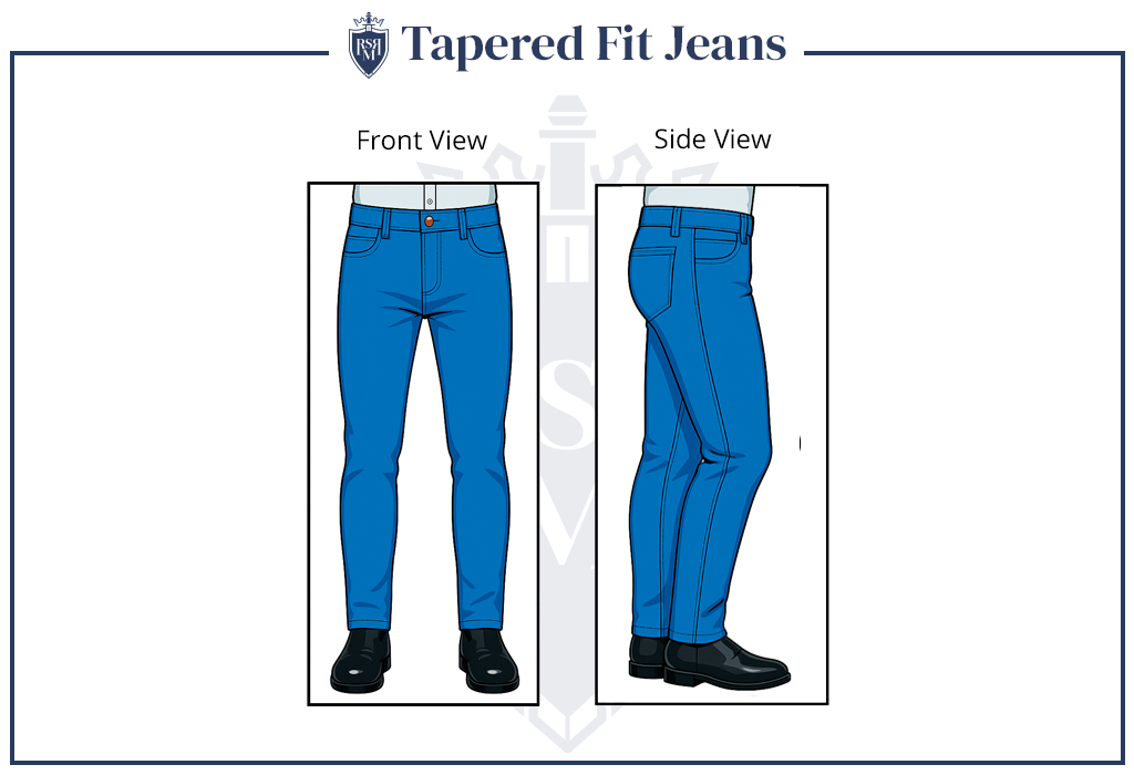 Front and side view illustration of tapered fit jeans