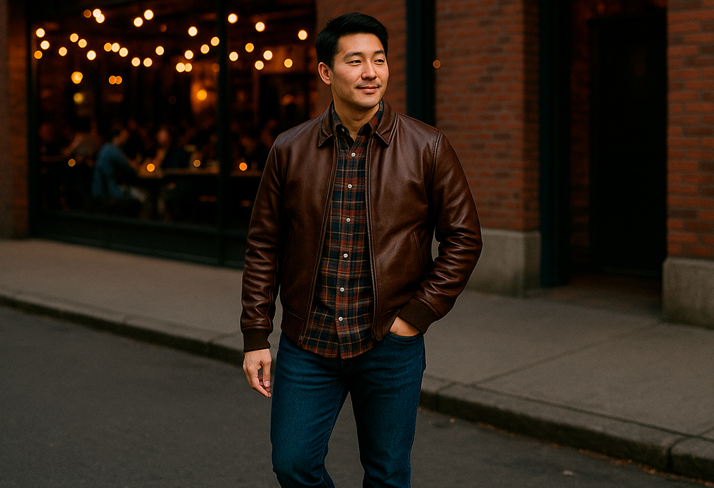 Man in leather jacket, plaid shirt, dark jeans