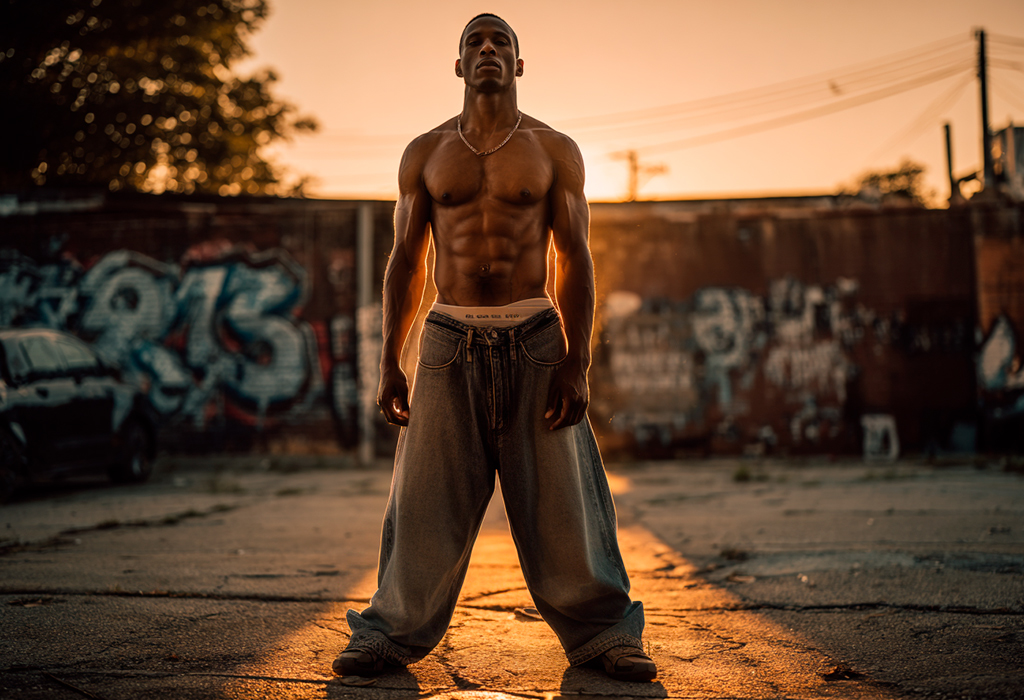 Shirtless man in sagging jeans