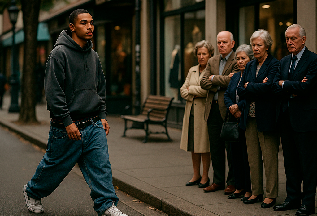 Older people frowning at sagging pants