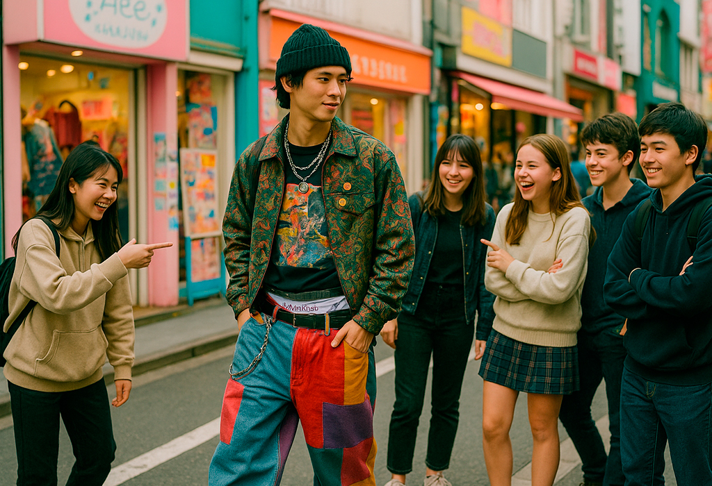 Teens admiring Harajuku sagging style