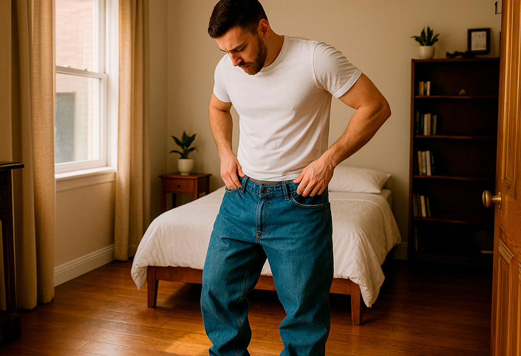 Man adjusting pants in bedroom