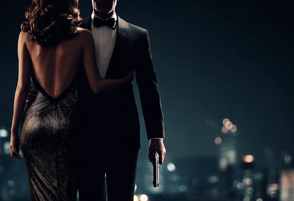Tuxedoed man holding glamorous woman James Bond 