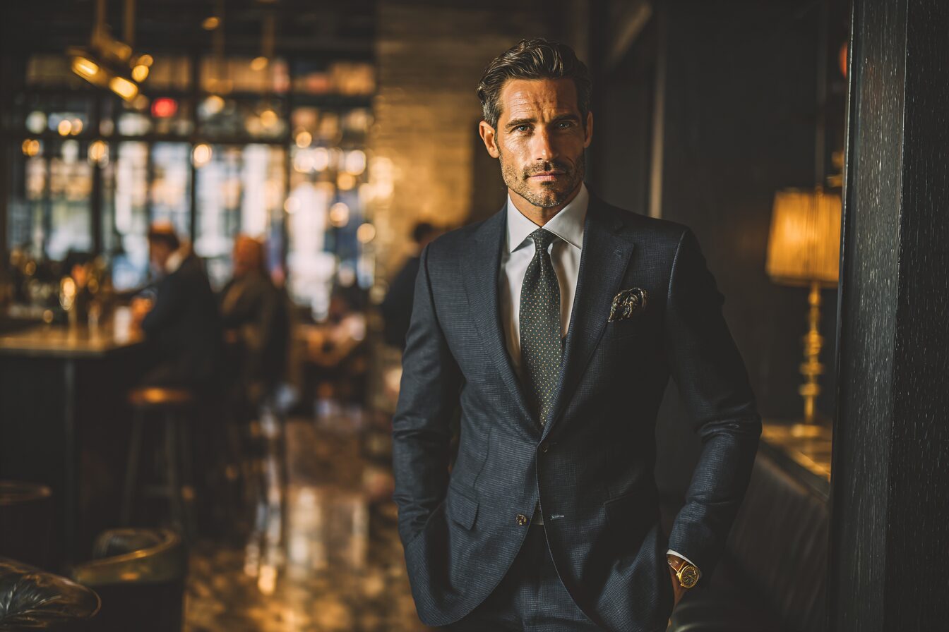Stylish man in dark suit at bar