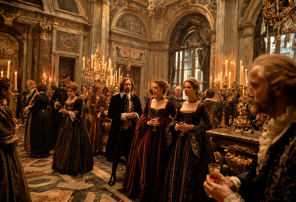Elegant guests in Renaissance-era salon