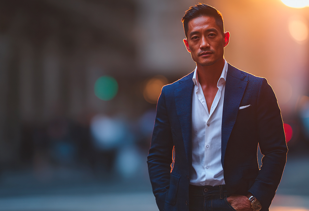 Man in navy blazer at sunset