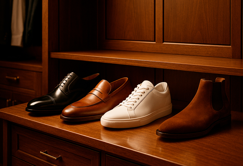 Oxford, loafer, sneaker, Chelsea boots on shelf.