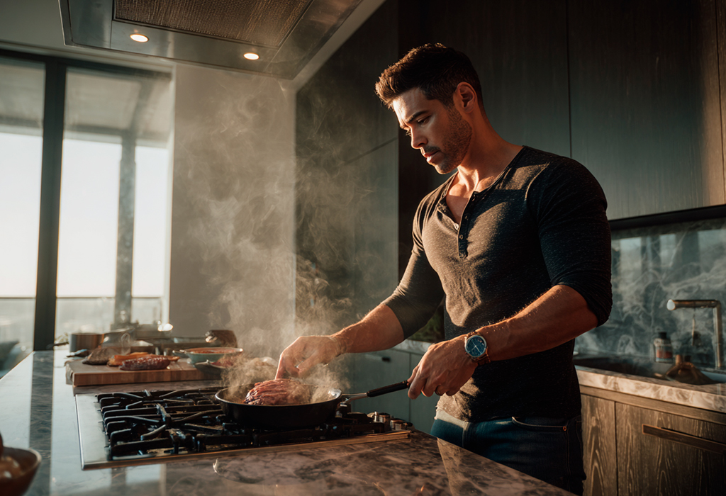 Man cooking steak at modern kitchen stove