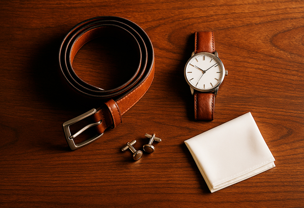 Belt, watch, cufflinks, pocket square on wood.