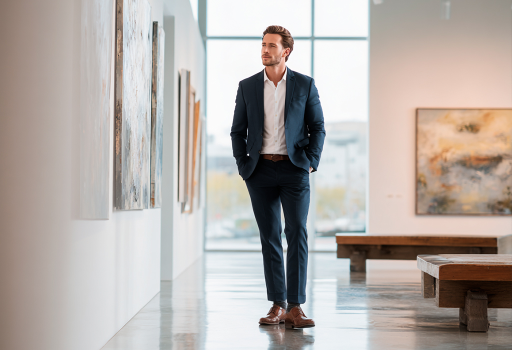 Man in navy suit viewing art