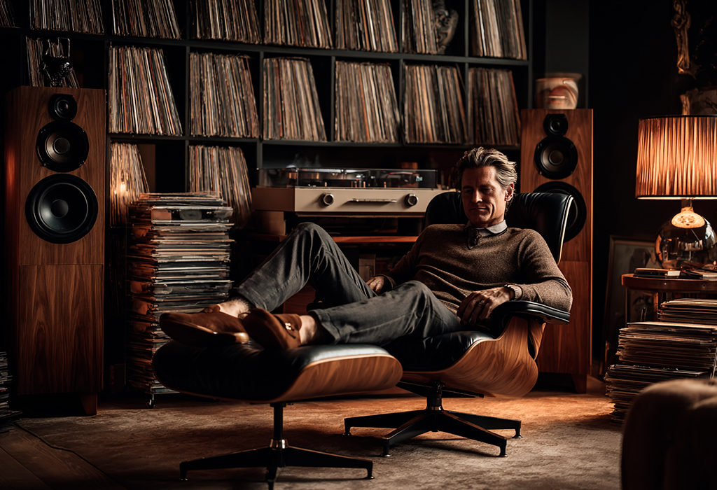 Man relaxing in lounge chair, vinyl records behind