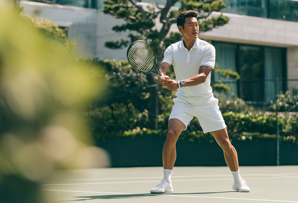 Man in white tennis outfit playing