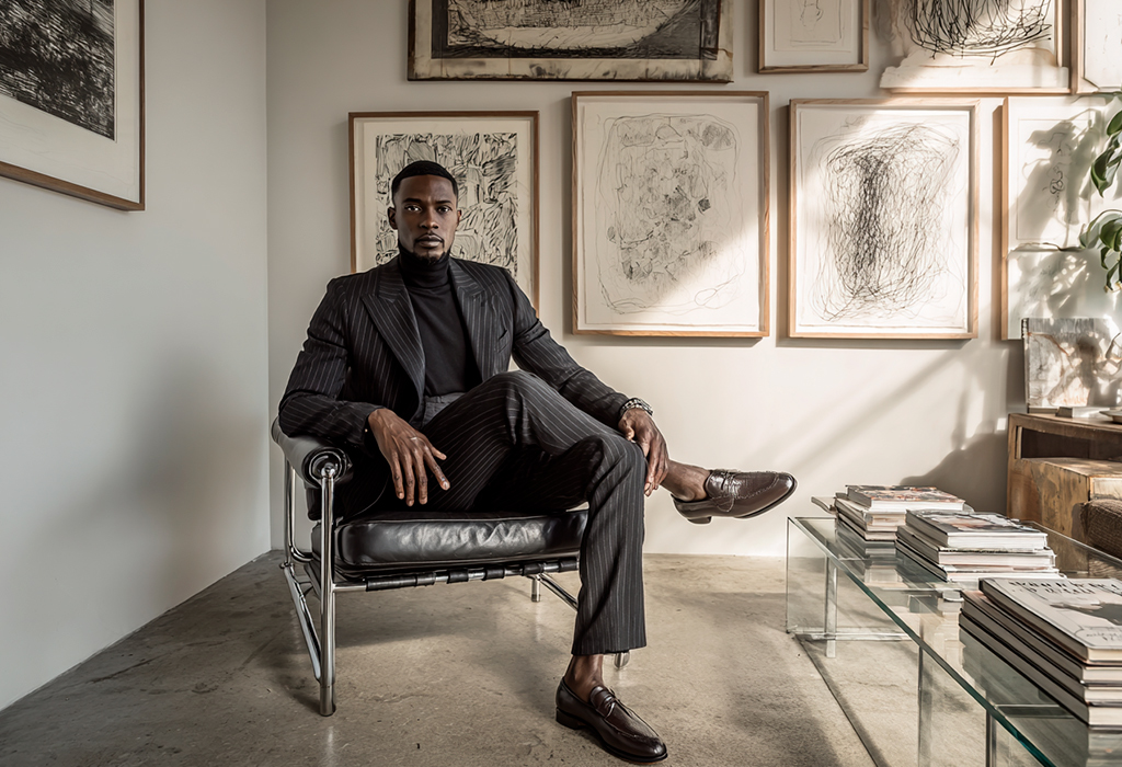 Man in pinstripe suit in art-filled room