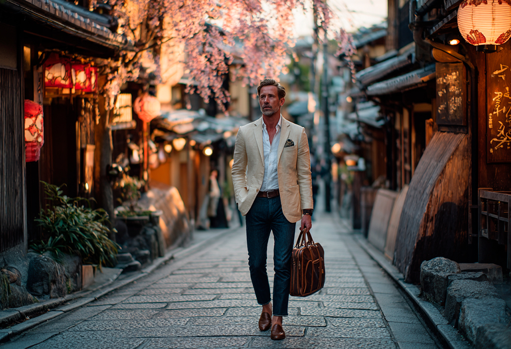 Man walking Kyoto street in blazer