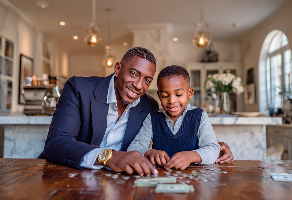Father teaching son to count money