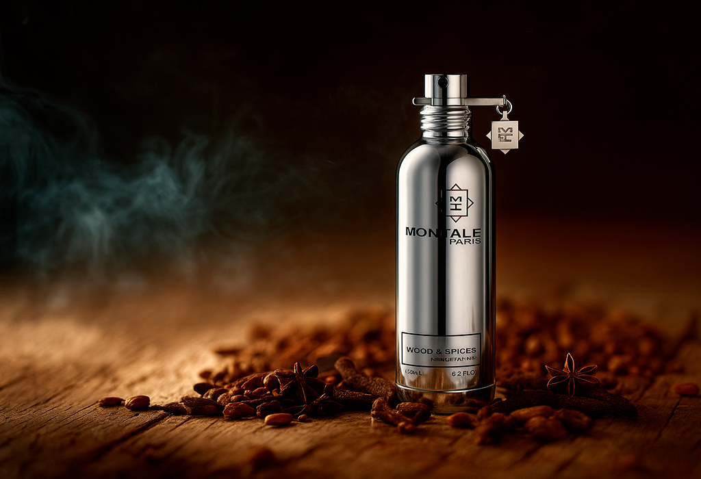 Montale Wood & SpicesSilver bottle surrounded by warm spices