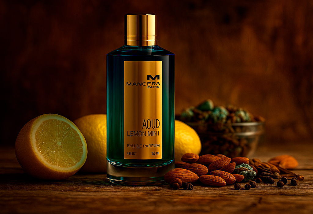Mancera Aoud Lemon MintBlue-gold bottle with lemon and almonds