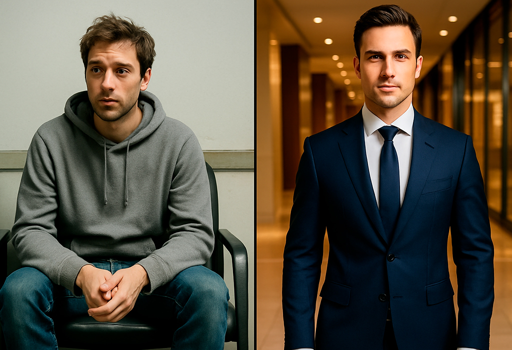 Before-after: hoodie versus suit, instant credibility upgrade.