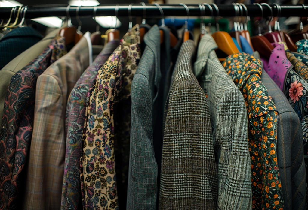 Patterned sport coats on wooden hangers, tightly packed.