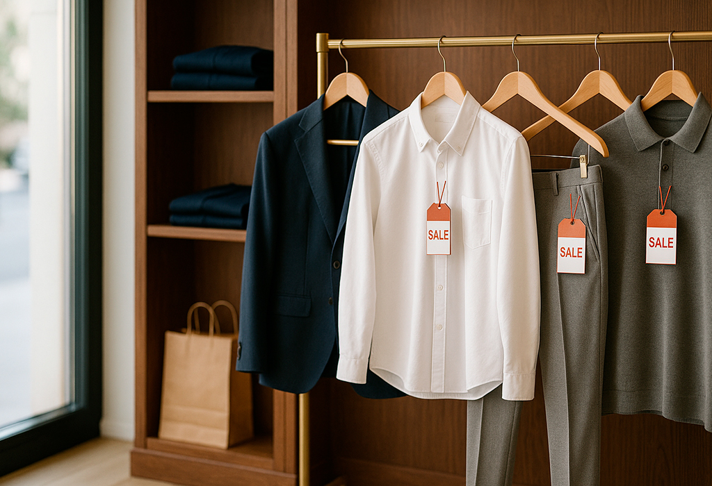 Boutique rack with red sale-tagged wardrobe essentials.