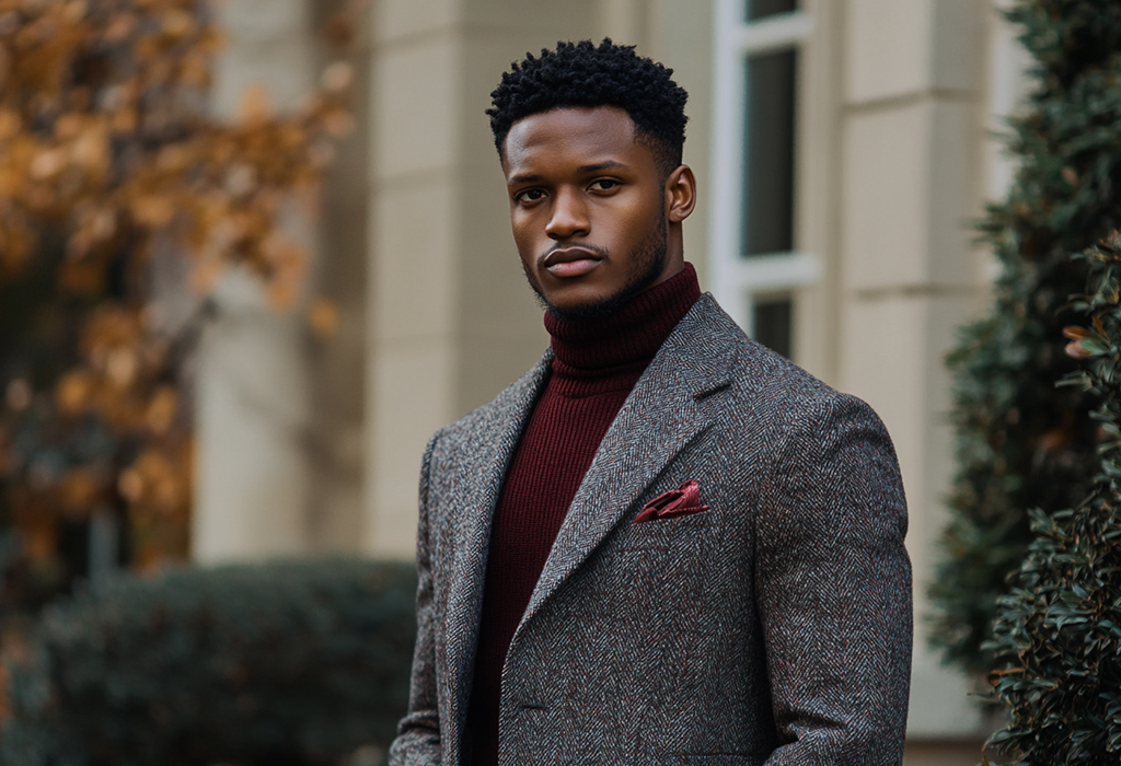 Man in gray tweed blazer and burgundy turtleneck.