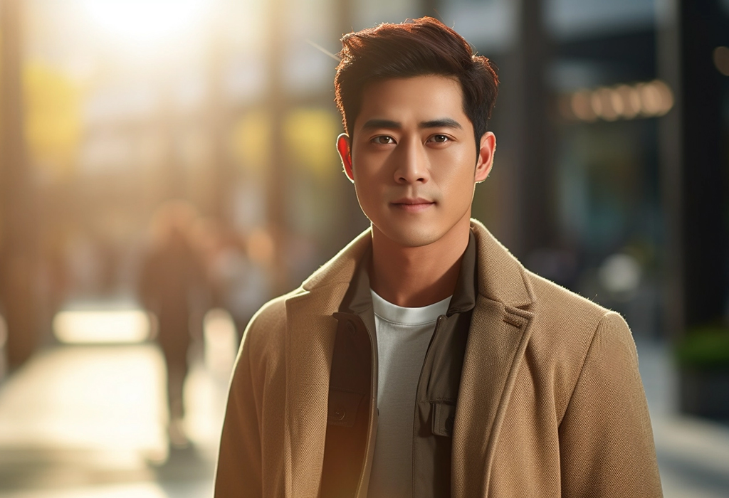 Layered camel coat over jacket, city sunlight portrait.