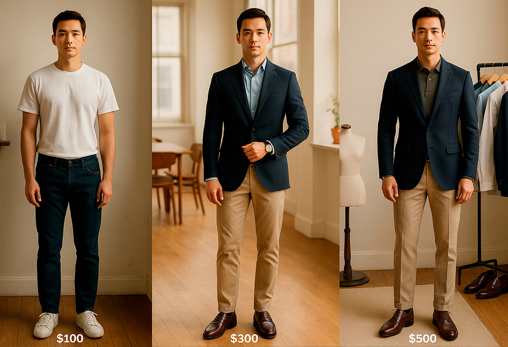 Outfit progression from basics to polished smart casual.