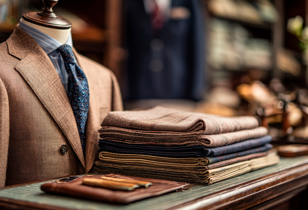 Folded luxury fabrics beside tan herringbone blazer
