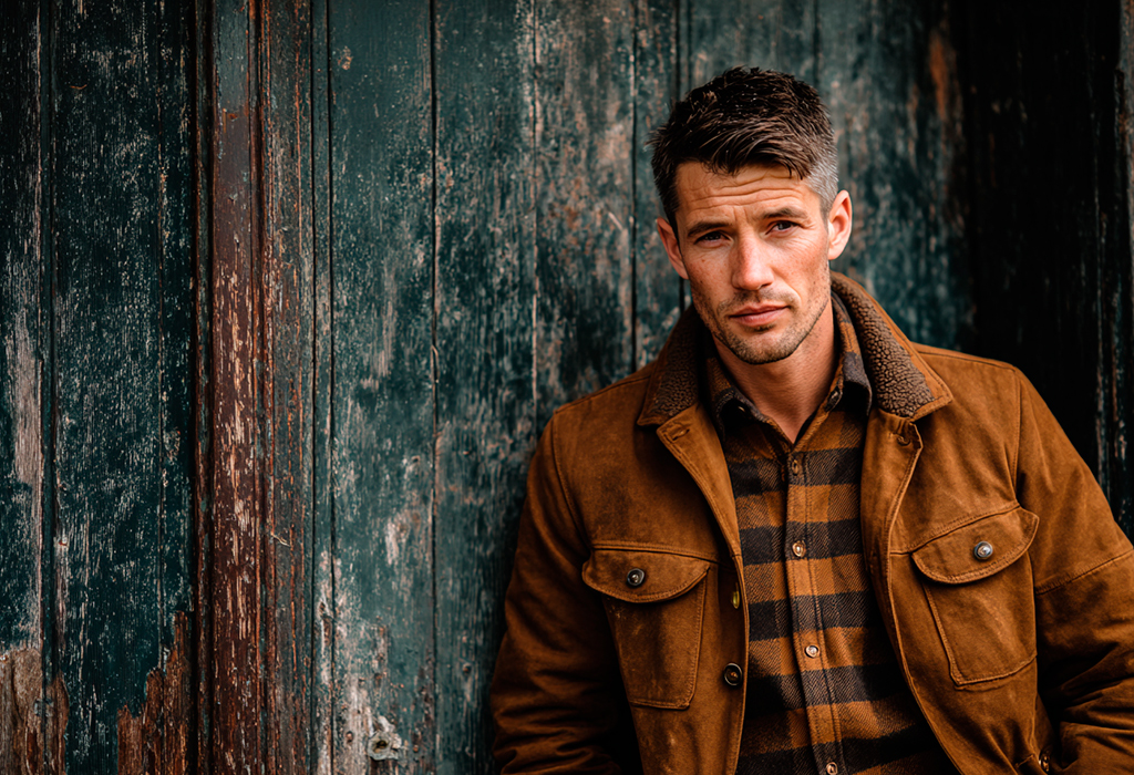 Brown suede trucker jacket over checked flannel