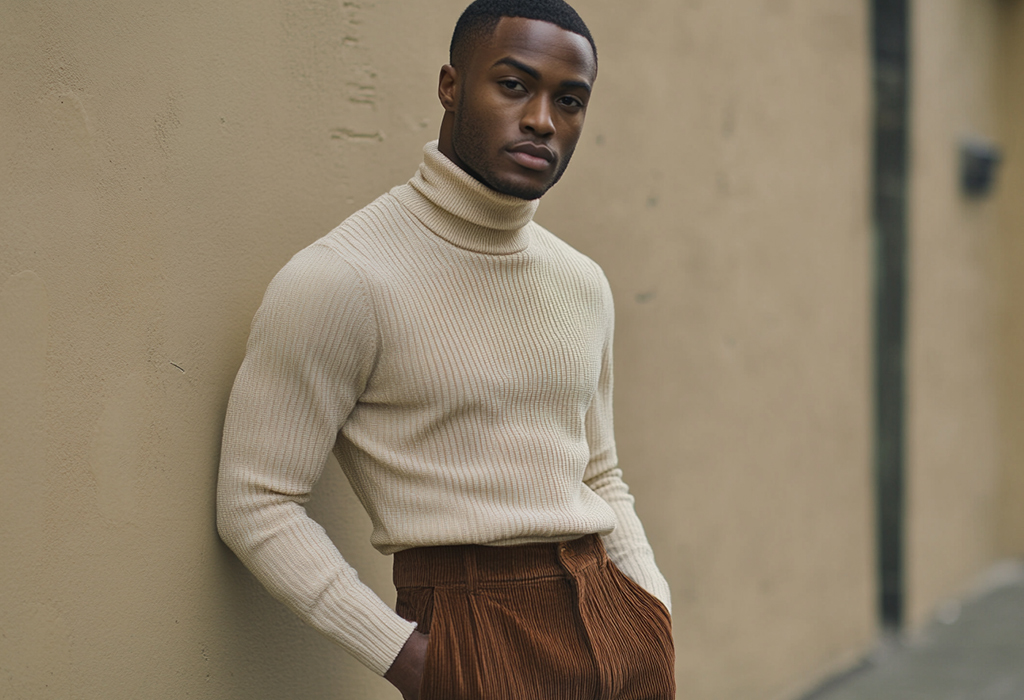 Man in cream turtleneck and corduroy trousers outdoors.
