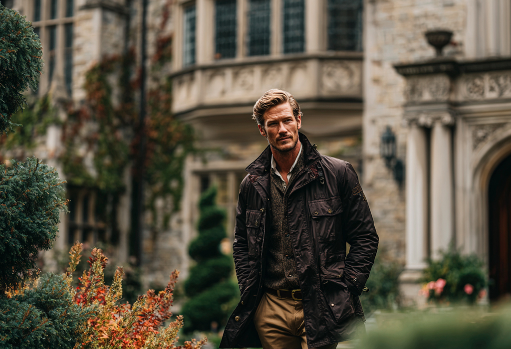 Waxed cotton field jacket over knit layers