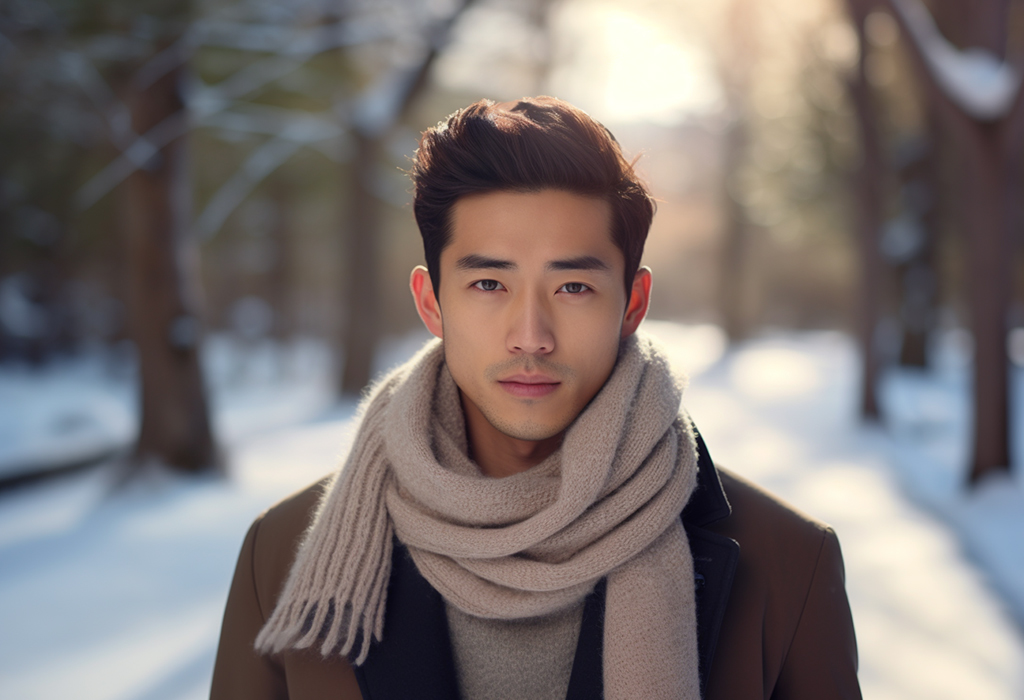 A young man with a thoughtful expression, wearing a beige overcoat and a light gray scarf, stands on a snowy path lined with bare trees, bathed in the soft light of a winter morning.