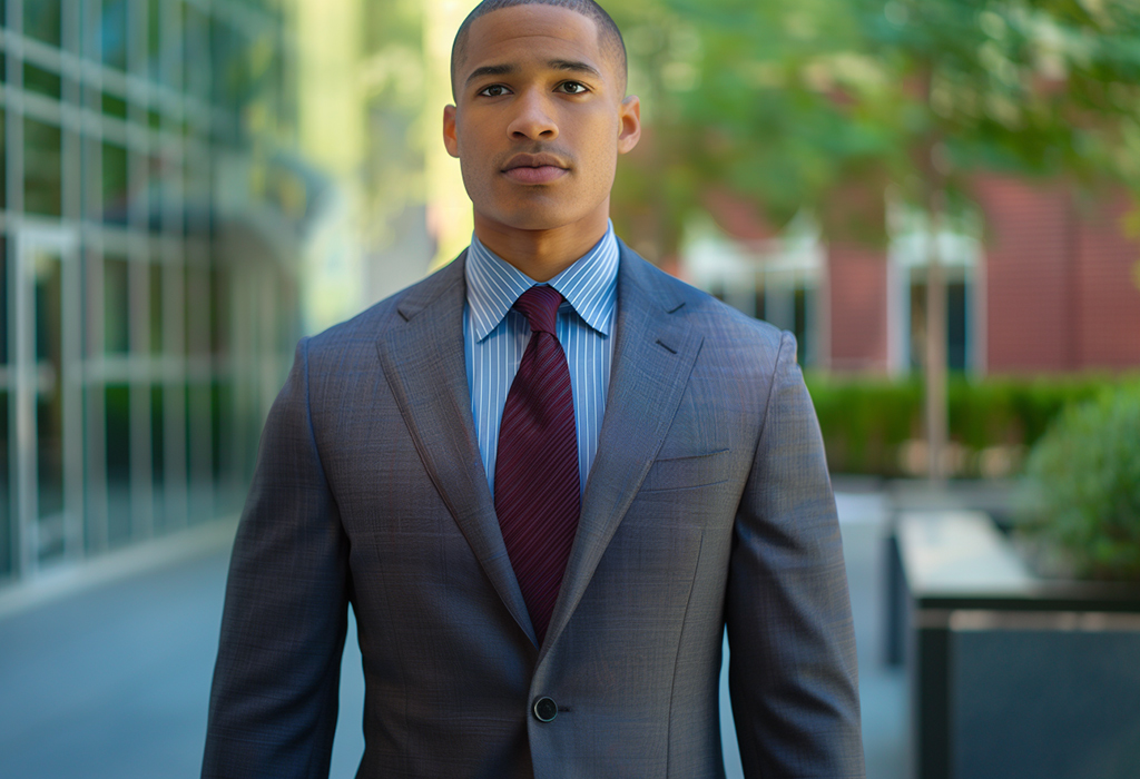 Gray suit, striped shirt, burgundy tie downtown walkway.